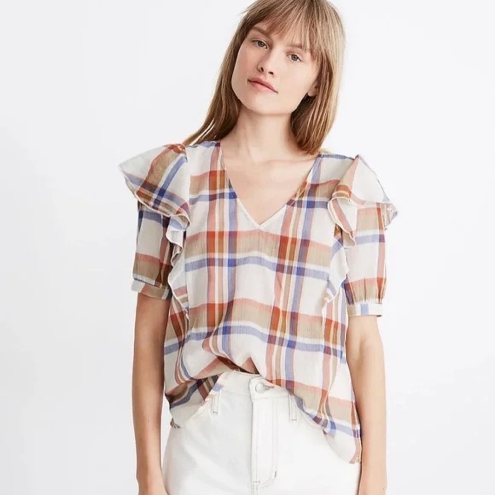 Madewell V-Neck Shoulder Ruffle Top in Plaid